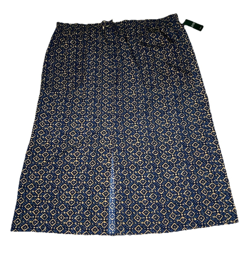 Lauren Ralph Lauren Navy Blue Tan Geometric Maxi Skirt 3X NWT Pockets